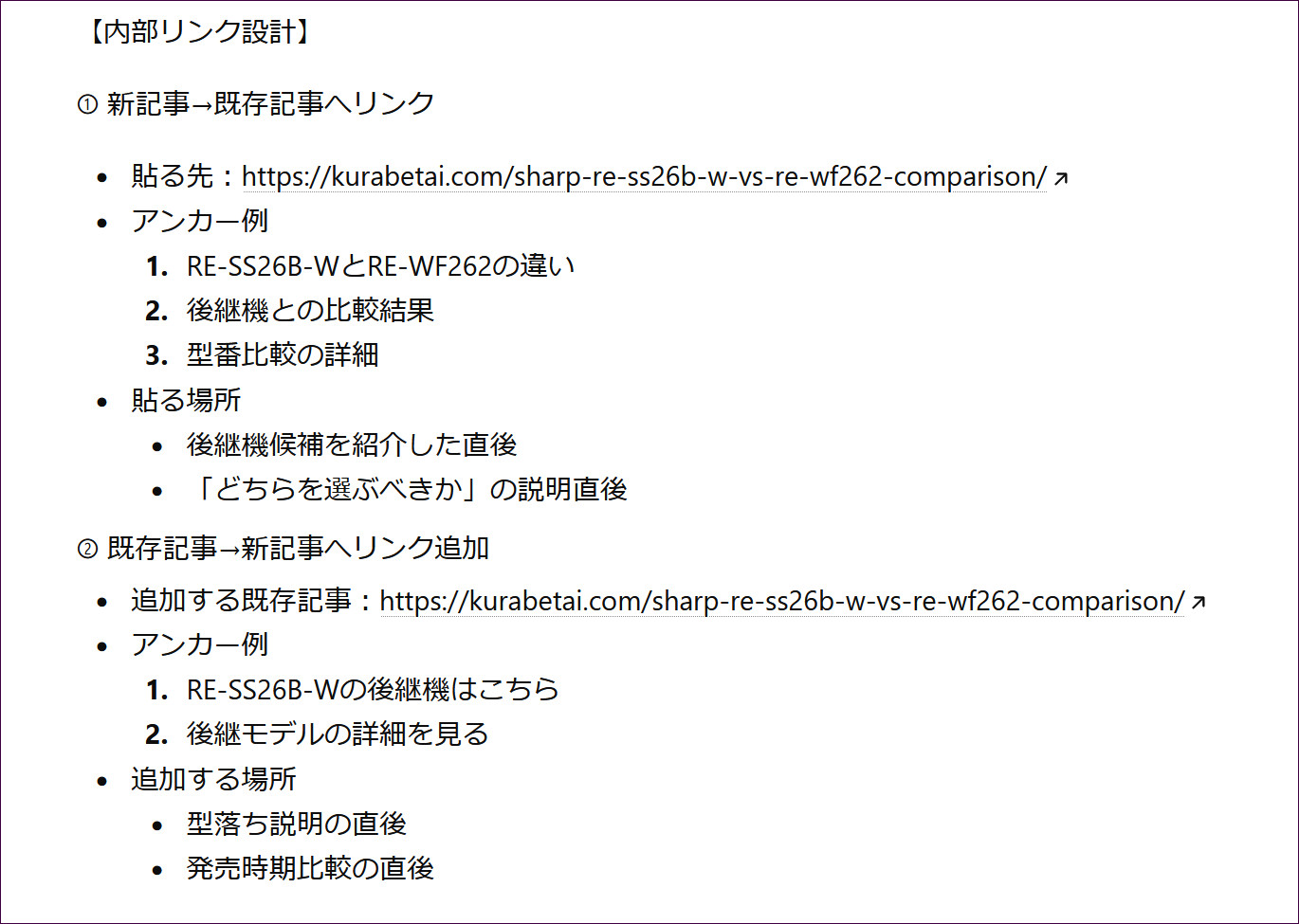 内部リンク設計の出力例。2方向のリンクが、貼る先・アンカー例・貼る場所つきで示される